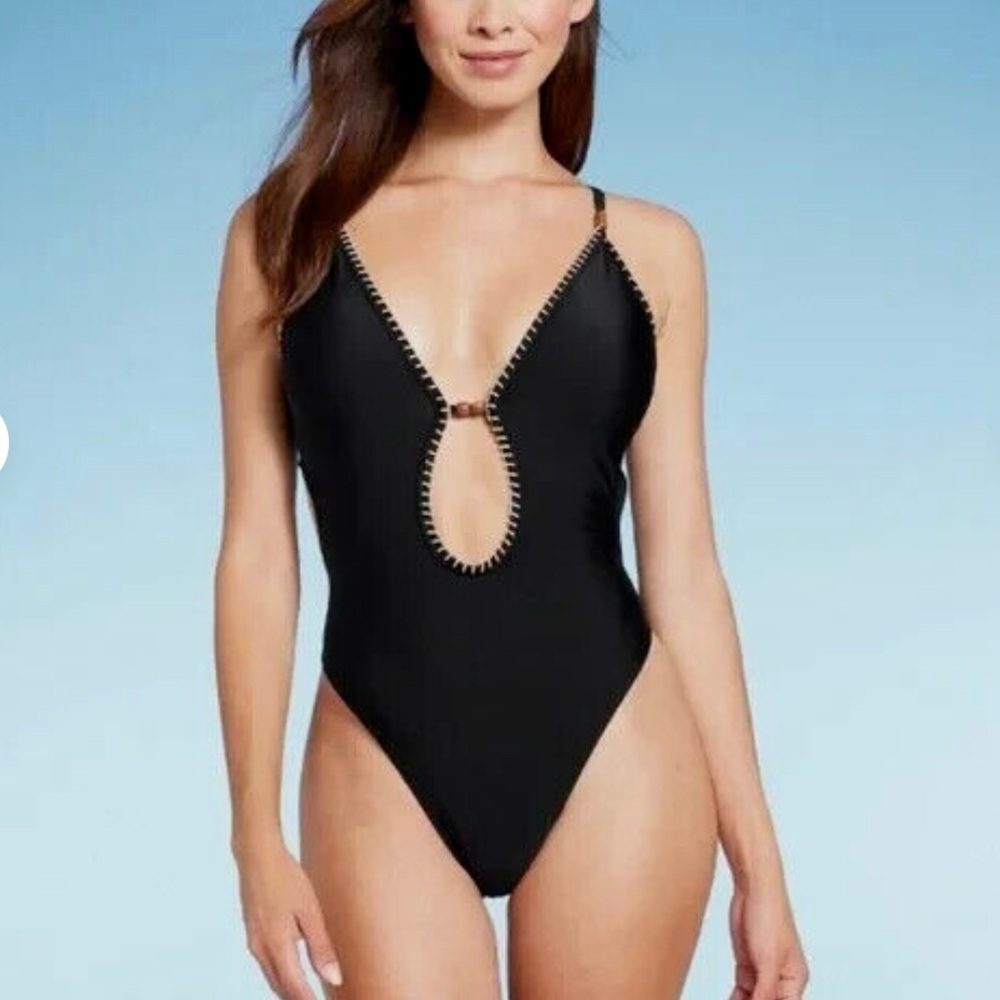 Shade & Shore Deep-V One-Piece Swimsuit with Center Cutout